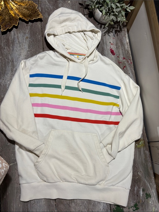 Boden Tops - Boden Cream Hoodie with Rainbow Stripe Trim